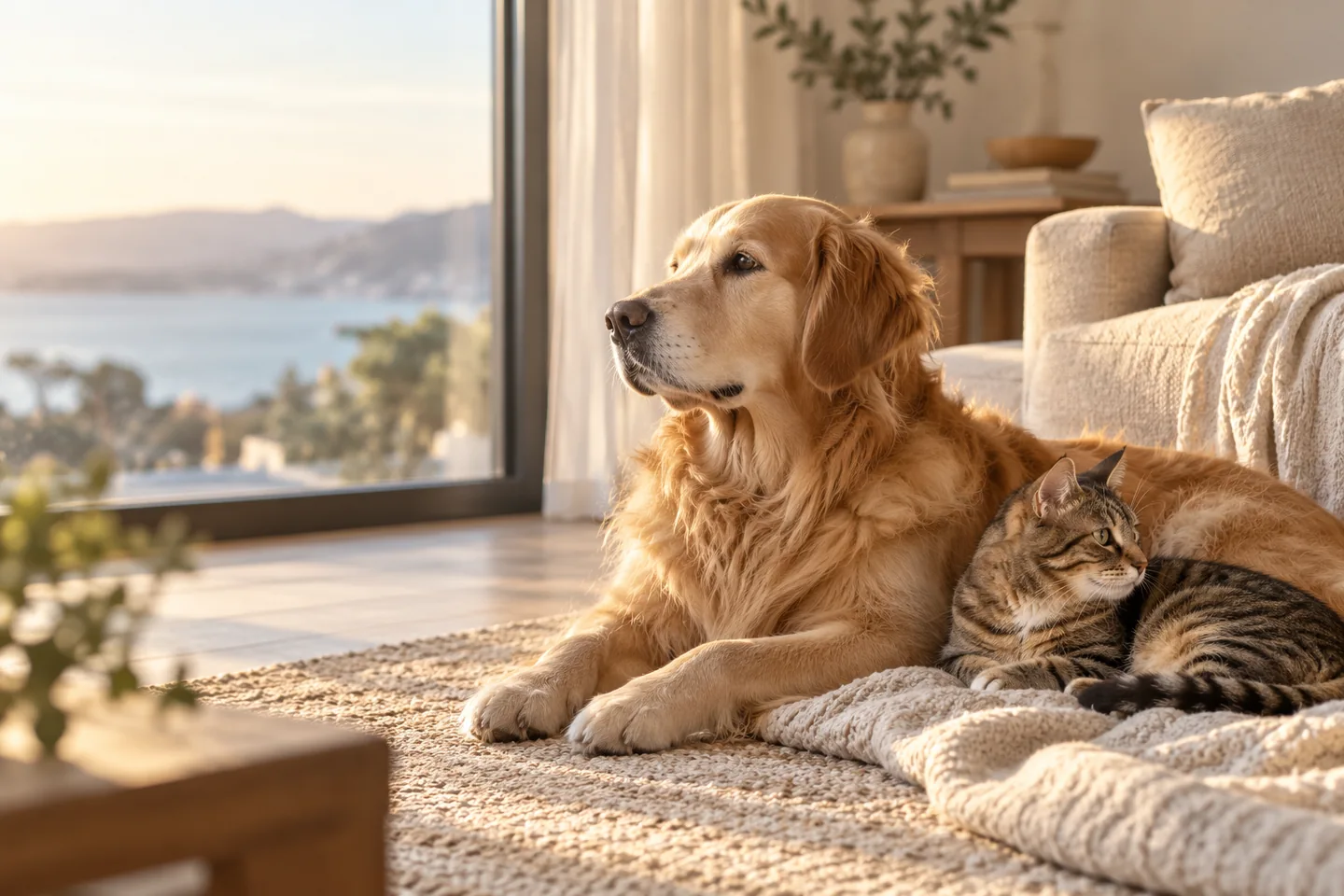 A relaxed dog and cat sharing a sunlit home